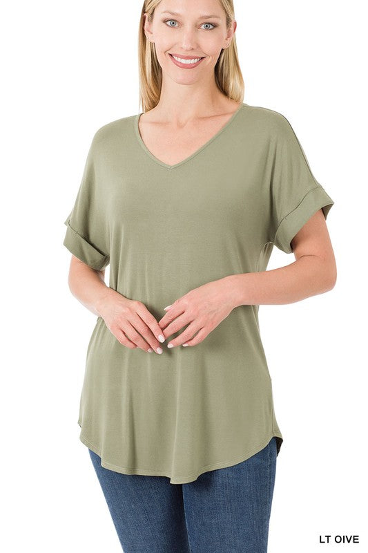 Luxe Rayon Short Cuff Sleeve V-Neck Round Hem Top - Jake J Shop