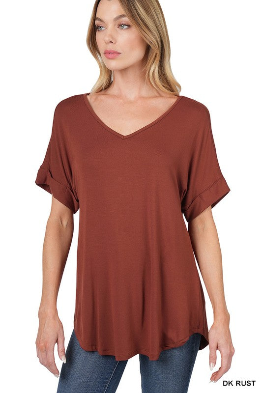 Luxe Rayon Short Cuff Sleeve V-Neck Round Hem Top - Jake J Shop