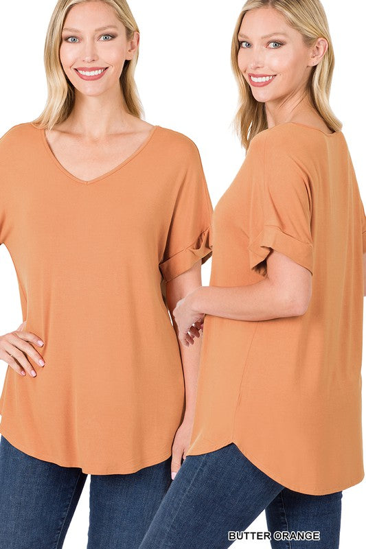 Luxe Rayon Short Cuff Sleeve V-Neck Round Hem Top - Jake J Shop