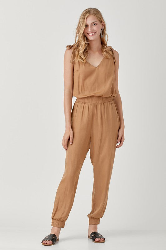 V-Neck Smocked Waist Jogger Jumpsuit - Jake J Shop