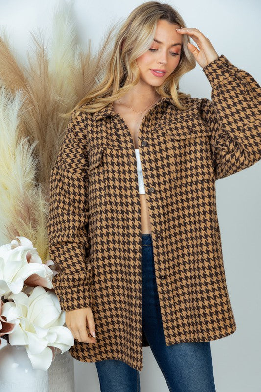 Long Sleeve Houndstooth Woven Jacket - Jake J Shop