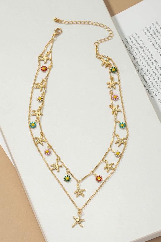 Two row star and flower charm drop necklace - Jake J Shop