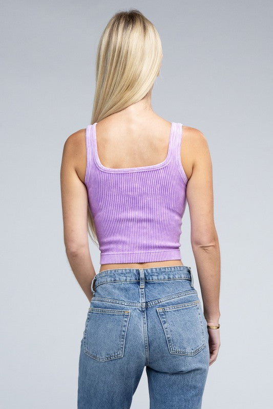 2-Way Neckline Washed Ribbed Cropped Tank Top