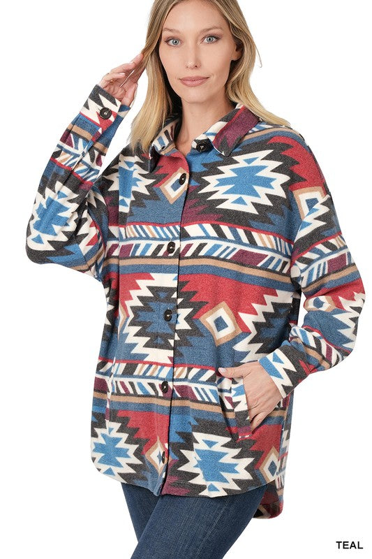 Brushed Aztec Oversized Shacket With Pockets - Jake J Shop