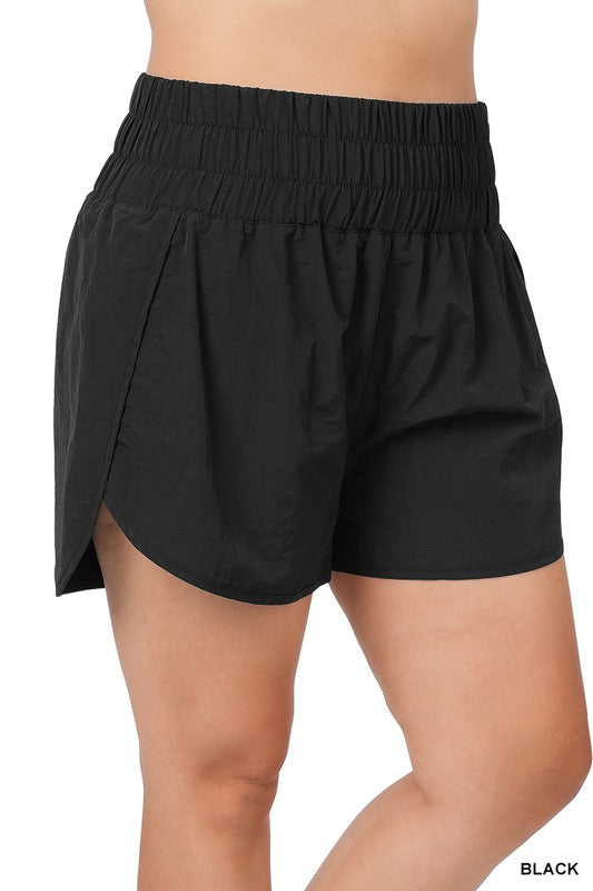 Plus Size Windbreaker Smocked Waistband Running Shorts