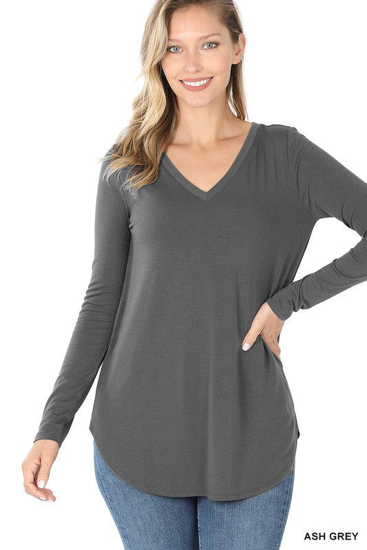 Long Sleeve V-Neck Round Hem Top