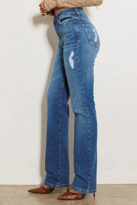 High Rise Subtle Distressed Straight Jeans - Jake J Shop