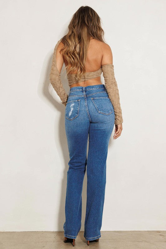 High Rise Subtle Distressed Straight Jeans - Jake J Shop