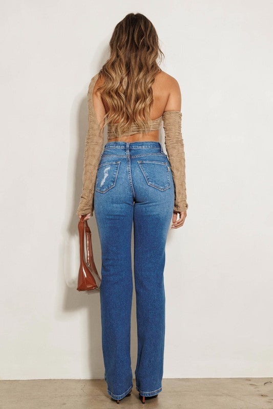 High Rise Subtle Distressed Straight Jeans - Jake J Shop