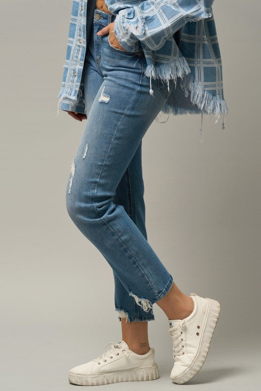 Trim Raw Hem Girlfriend Jeans