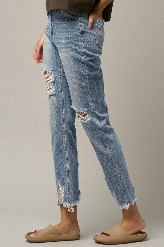 High Waist Distressed Fray Straight Jeans