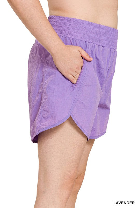 Plus Size Windbreaker Smocked Waistband Running Shorts