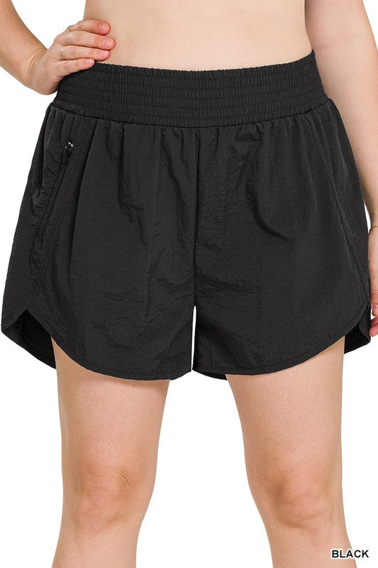 Plus Size Windbreaker Smocked Waistband Running Shorts