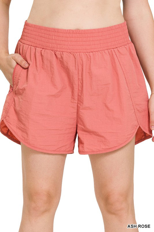 Plus Size Windbreaker Smocked Waistband Running Shorts