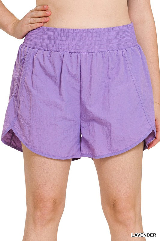 Plus Size Windbreaker Smocked Waistband Running Shorts