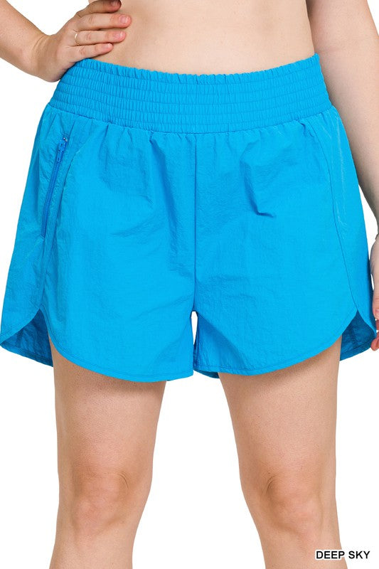 Plus Size Windbreaker Smocked Waistband Running Shorts