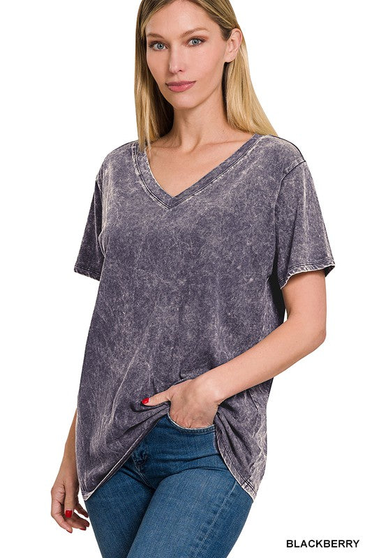 Washed Short Sleeve V-Neck Top - Jake J Shop