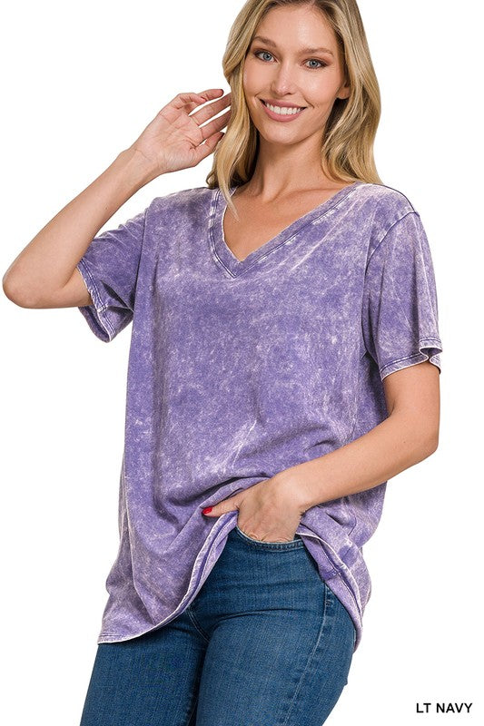 Washed Short Sleeve V-Neck Top - Jake J Shop