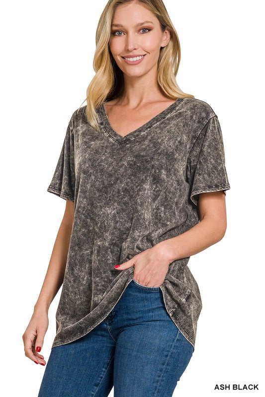 Washed Short Sleeve V-Neck Top - Jake J Shop