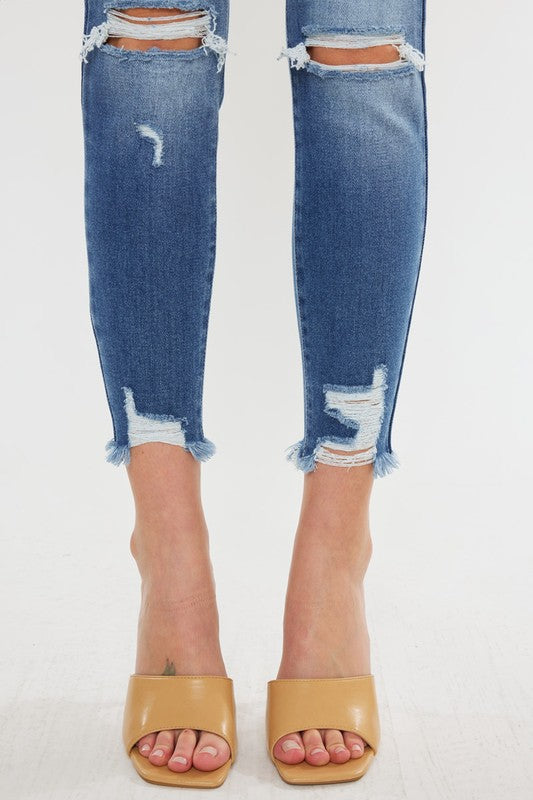 High Rise Fray Hem Ankle Skinny Jeans