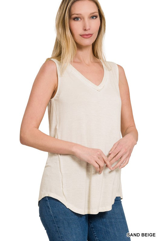 Faded Washed Sleeveless V-Neck Top with Hi-Low Hem