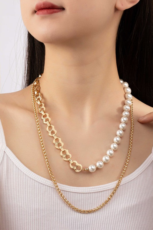 2 Row asymmetric pearl and chain necklace - Jake J Shop