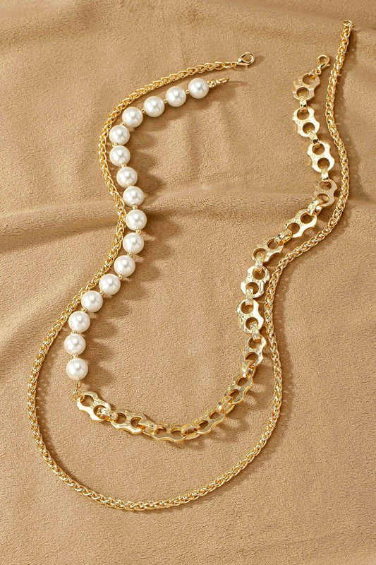 2 Row asymmetric pearl and chain necklace - Jake J Shop