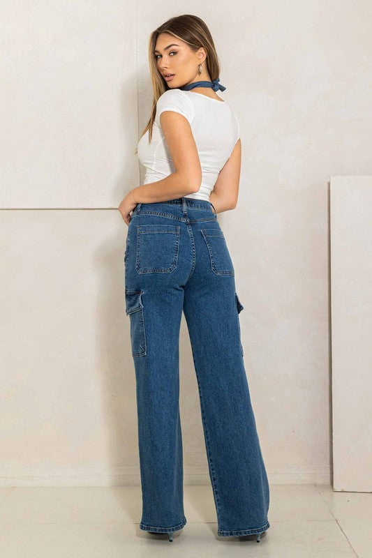 High Rise Crossed Waist Cargo Wide Jeans - Jake J Shop