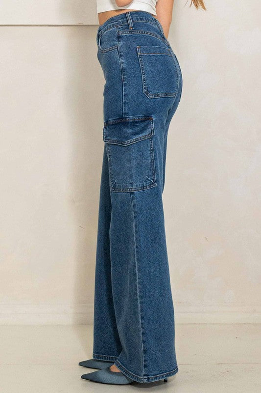 High Rise Crossed Waist Cargo Wide Jeans - Jake J Shop