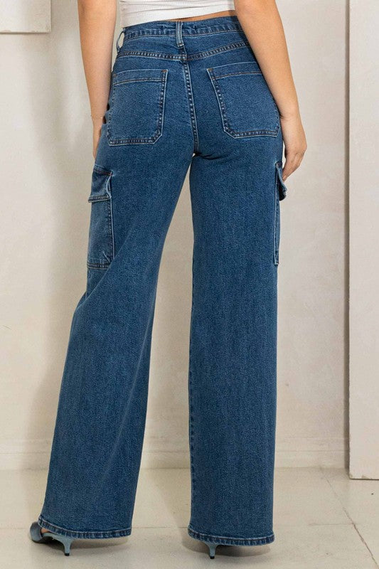 High Rise Crossed Waist Cargo Wide Jeans - Jake J Shop