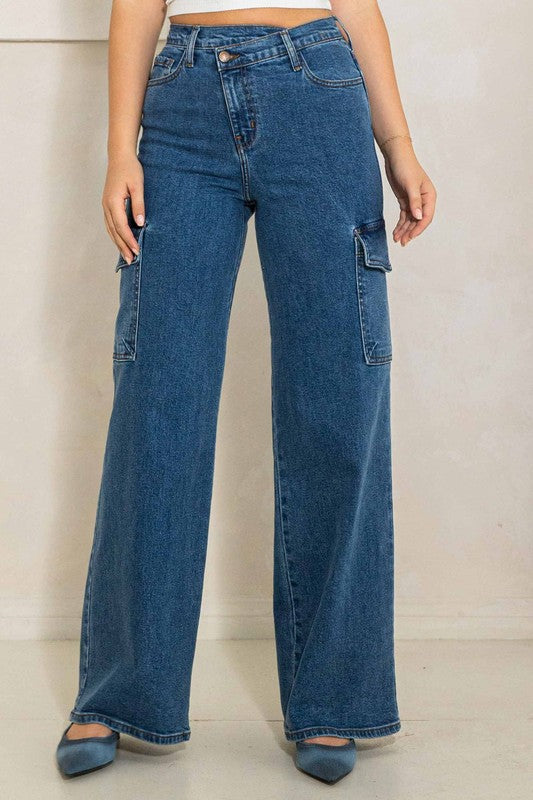 High Rise Crossed Waist Cargo Wide Jeans - Jake J Shop