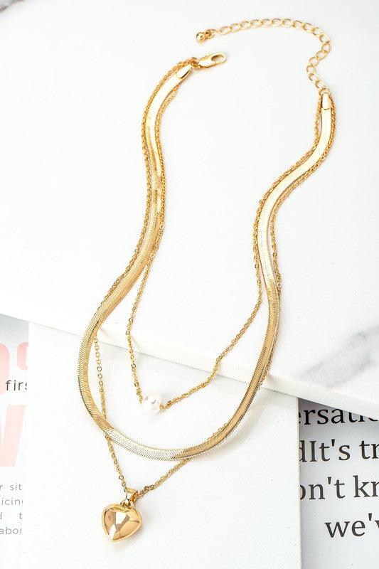 3 row herringbone chain pearl and puffy heart - Jake J Shop