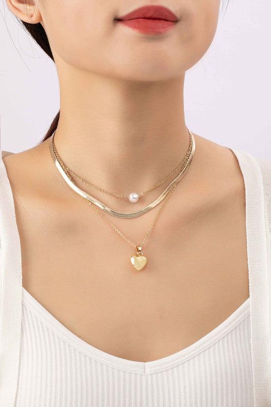 3 row herringbone chain pearl and puffy heart - Jake J Shop