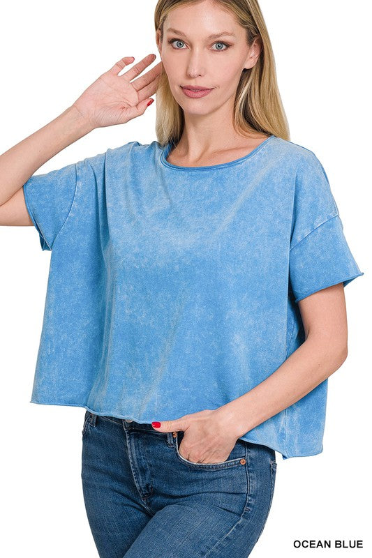 Acid Wash Raw Edge Short Sleeve Crop Top - Jake J Shop