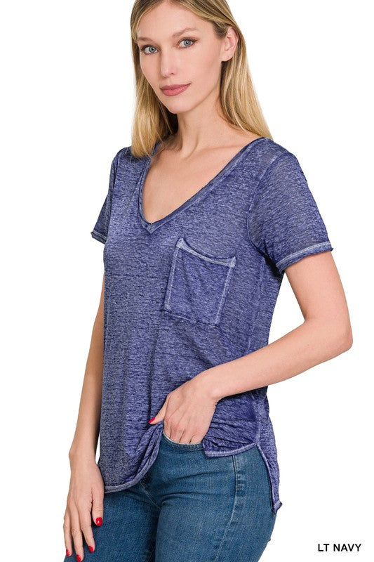 Washed Melange Burnout Scoop V-Neck Top - Jake J Shop