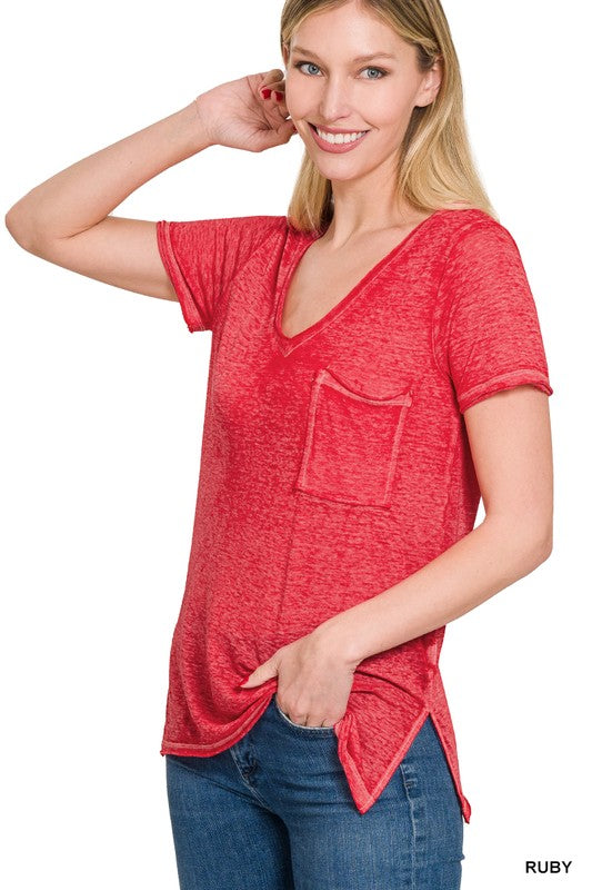 Washed Melange Burnout Scoop V-Neck Top - Jake J Shop