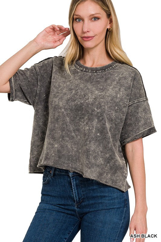 French Terry Acid Wash Raw Edge Crop Top - Jake J Shop