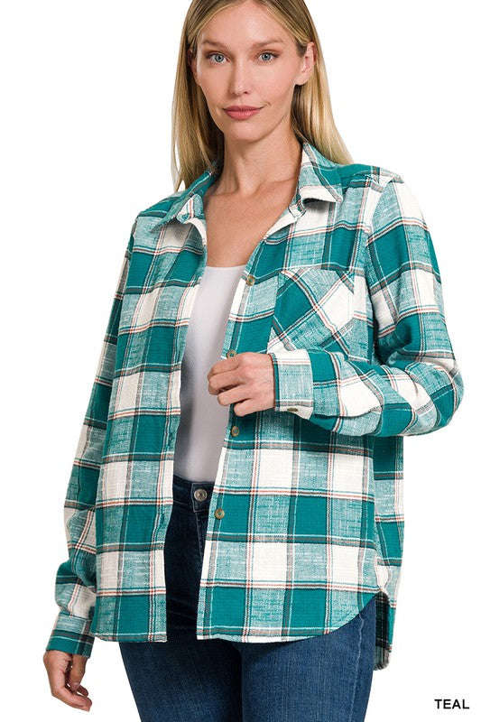 Cotton Plaid Shacket With Front Pocket