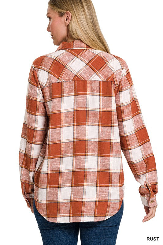 Cotton Plaid Shacket With Front Pocket