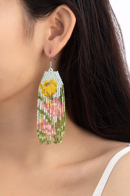 pink and yellow flowers seed bead drop earrings - Jake J Shop