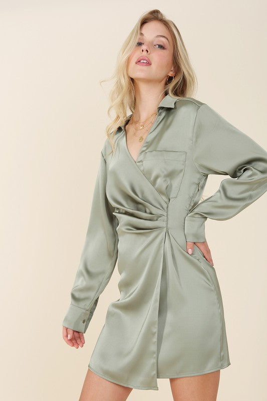 Satin collared wrap mini dress - Jake J Shop