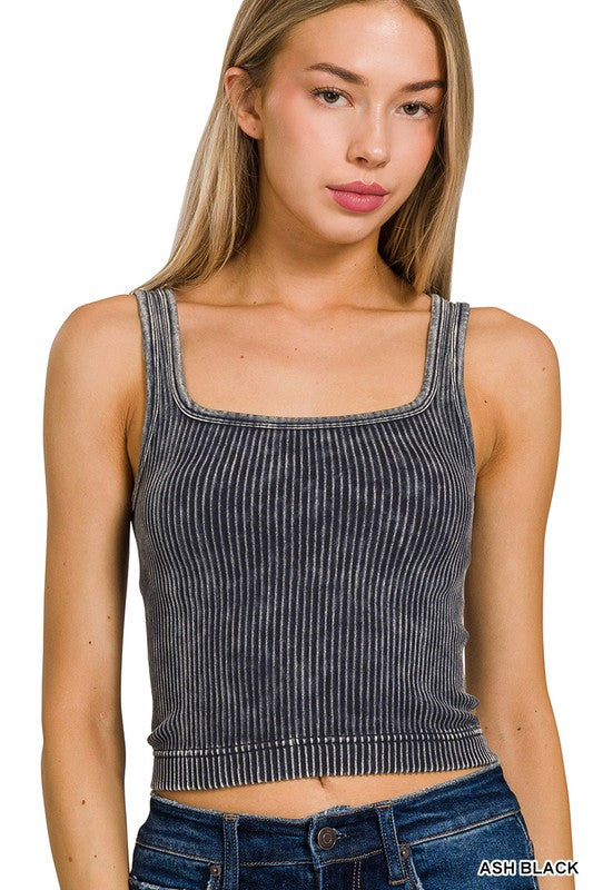 2-Way Neckline Washed Ribbed Cropped Tank Top