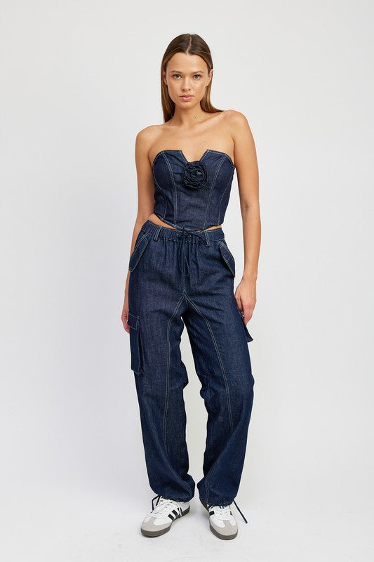 DENIM CORSET TUBE TOP WITH ROSETTE DETAIL - Jake J Shop