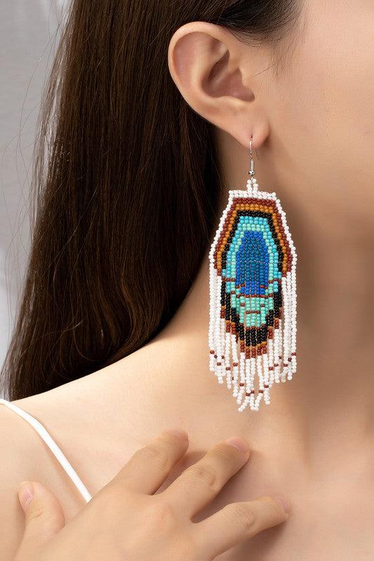 Peacock seed bead boho statement earrings - Jake J Shop