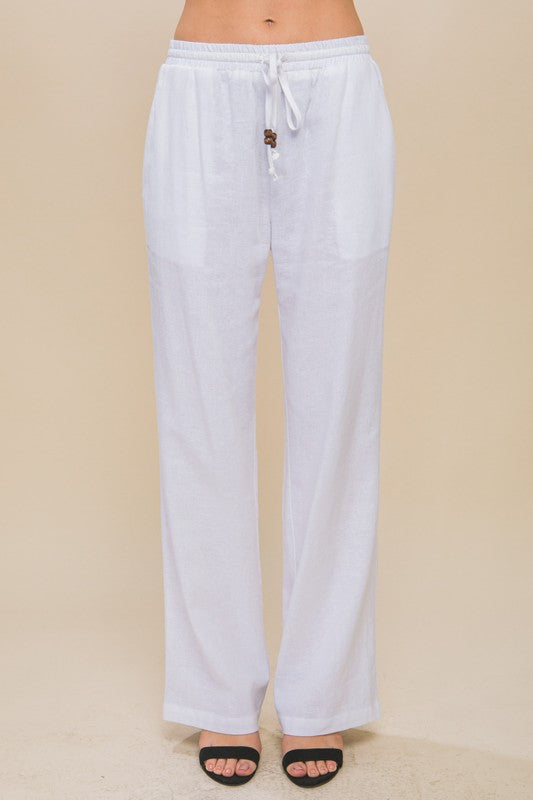 Linen Drawstring Waist Long Pants with Pockets