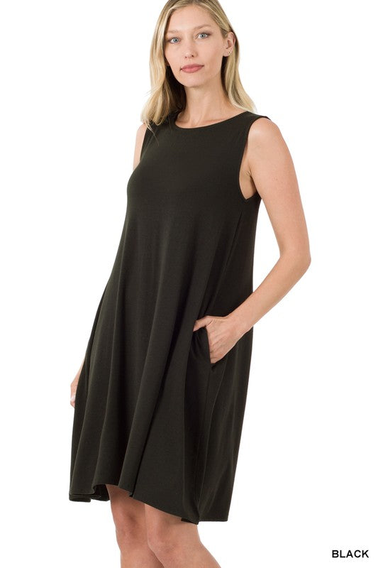 Sleeveless Flared Dress with Side Pockets