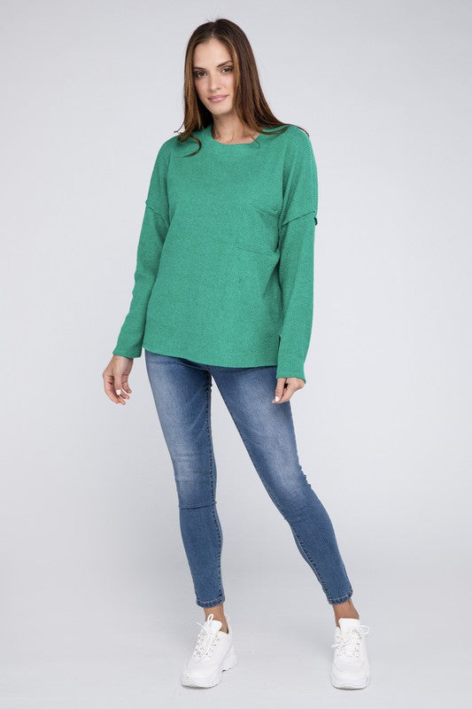 Ribbed Brushed Melange Hacci Sweater with a Pocket