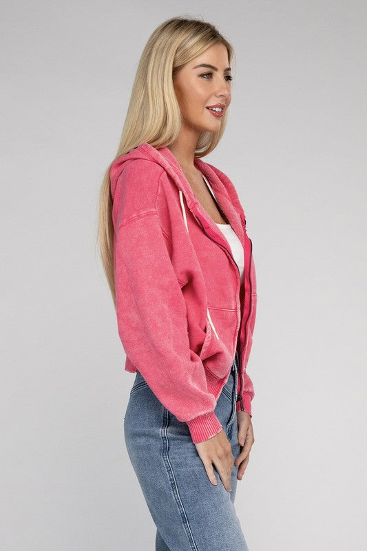 Acid Wash Fleece Cropped Zip-Up Hoodie - Jake J Shop