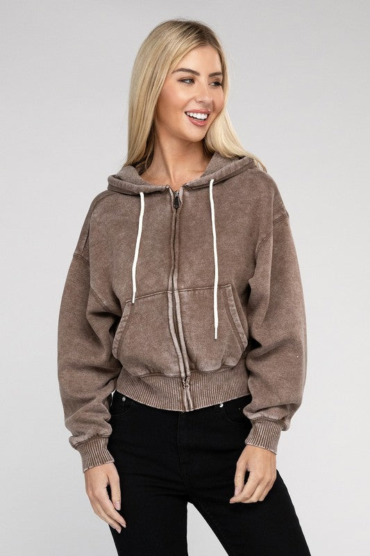 Acid Wash Fleece Cropped Zip-Up Hoodie - Jake J Shop