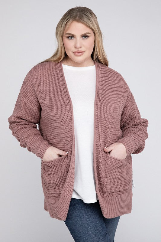 Plus Low Gauge Waffle Open Cardigan Sweater